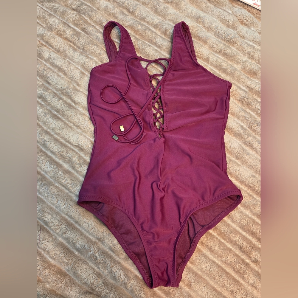 Mossimo Cherry Blossom Solid Lace Up Gold Accent One Peice Swim Suit Sz S - Picture 8 of 10